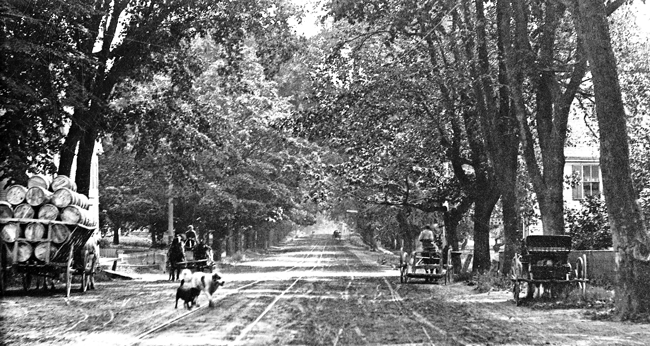 Main Street with wagon of barrels and carriages.